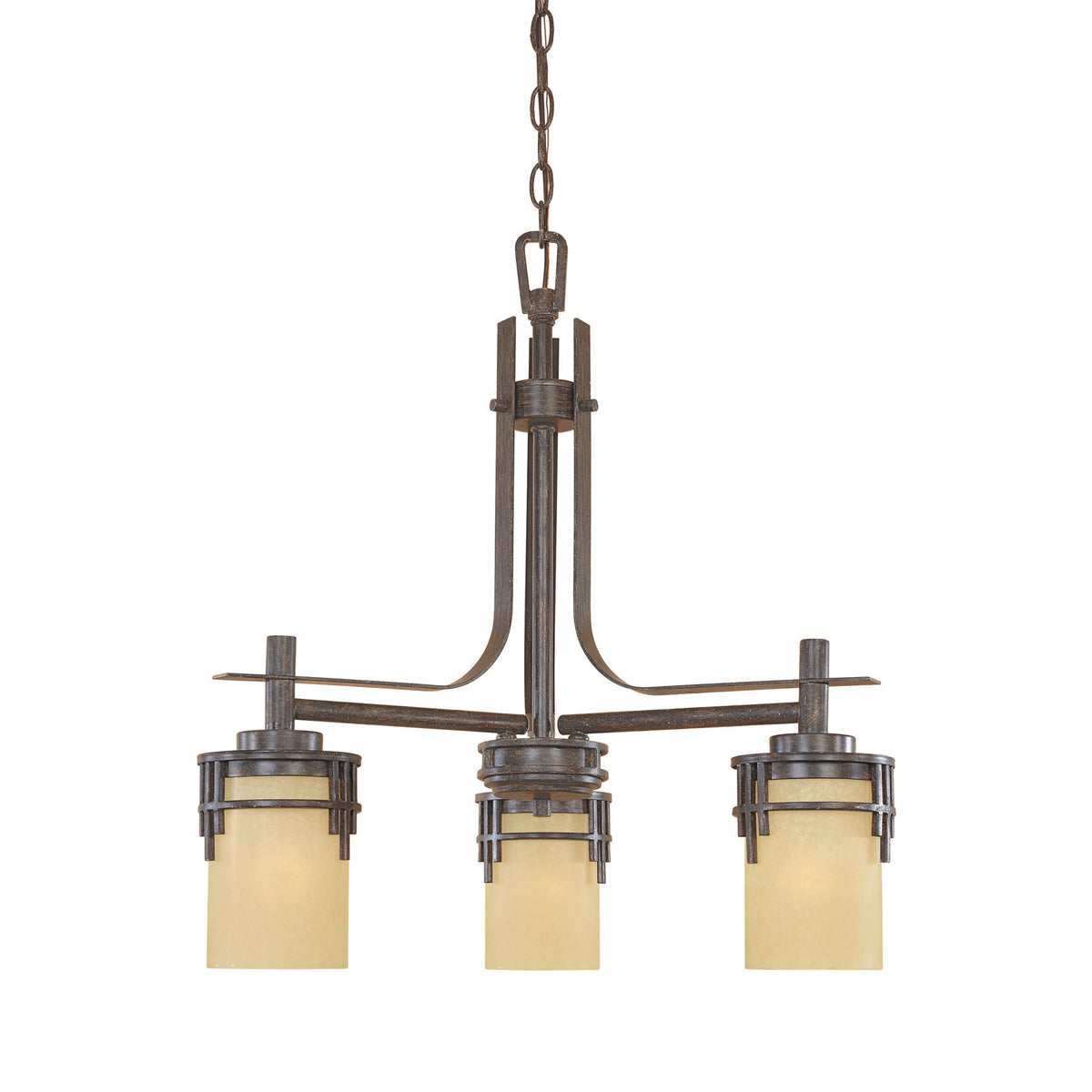 Chandelier, 3 Lights, Steel with Frosted Glass Shades in Warm Mahogany