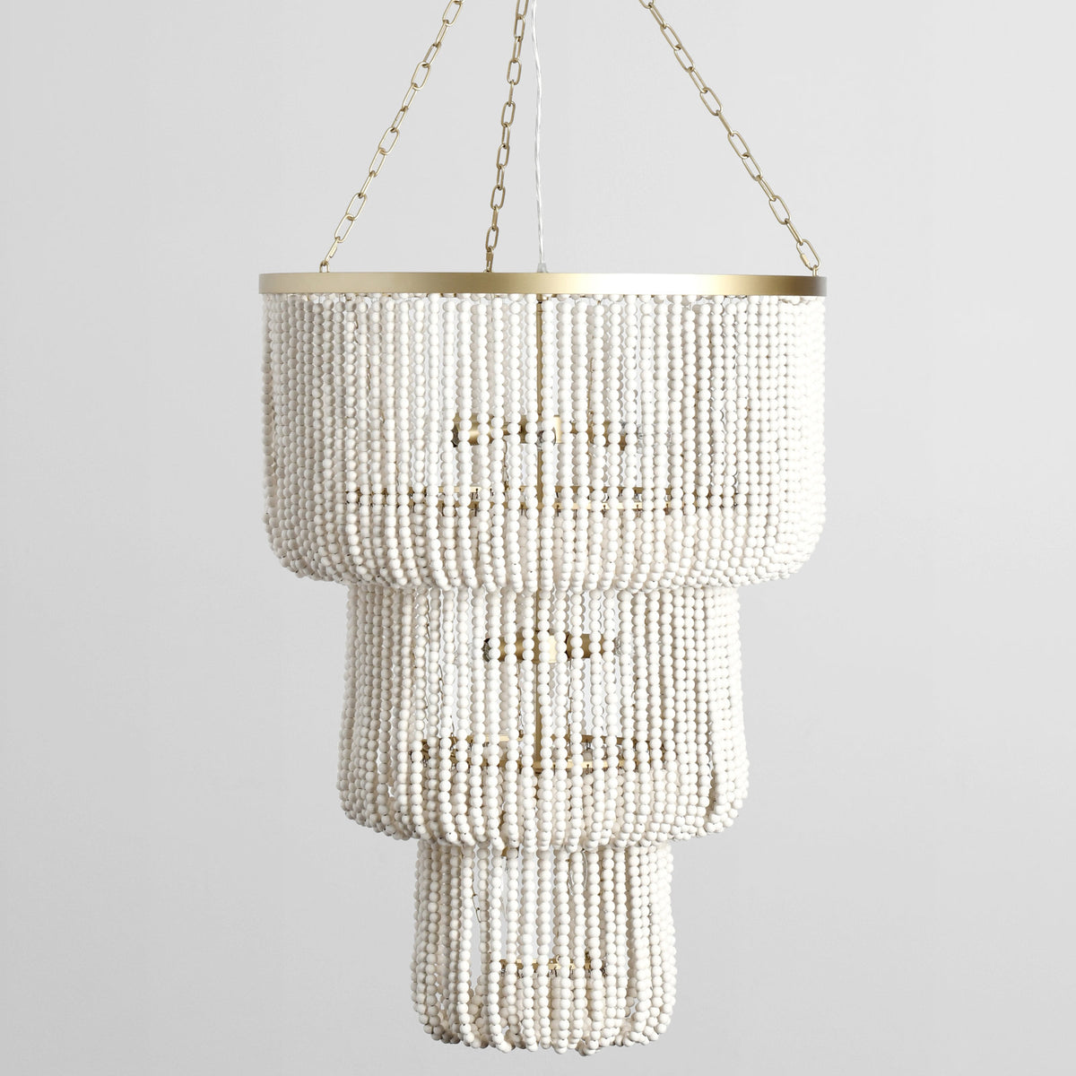 Chandelier, 3-Tier, 11 Lights, Gold Iron Frame with White Wood Shade