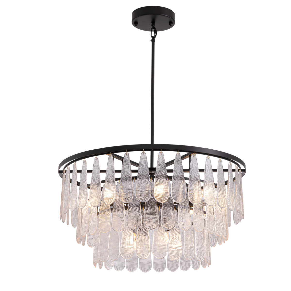 Chandelier, 3-Tier 12-Light Fixture with White Glass Shade