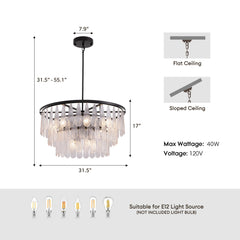 Chandelier, 3-Tier 12-Light Fixture with White Glass Shade