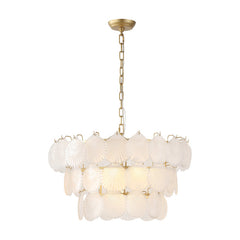 Chandelier, 3-Tier Frosted Glass Scallop Shade in Gold