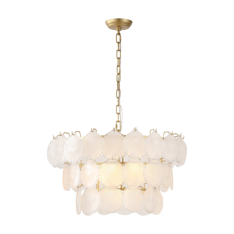 Chandelier, 3-Tier Frosted Glass Scallop Shade in Gold