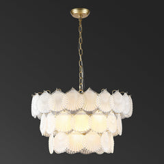 Chandelier, 3-Tier Frosted Glass Scallop Shade in Gold