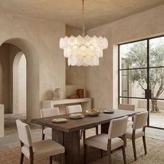 Chandelier, 3-Tier Frosted Glass Scallop Shade in Gold