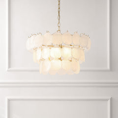 Chandelier, 3-Tier Frosted Glass Scallop Shade in Gold