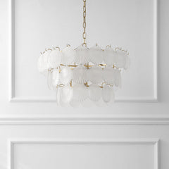 Chandelier, 3-Tier Frosted Glass Scallop Shade in Gold