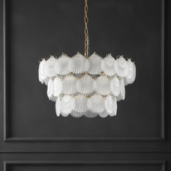 Chandelier, 3-Tier Frosted Glass Scallop Shade in Gold