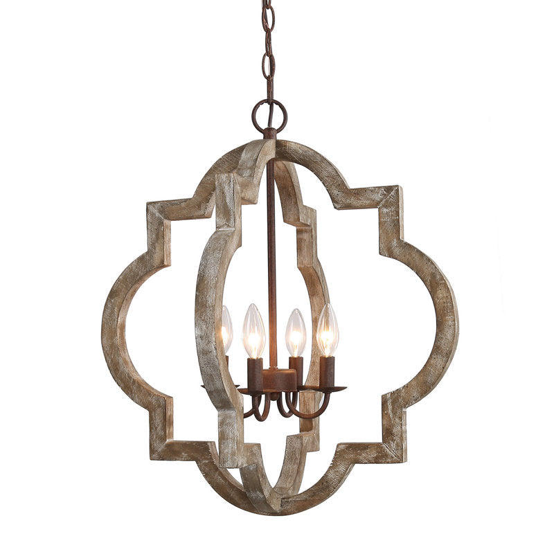 Chandelier, 4-Light Birch Wood and Iron in Bronze
