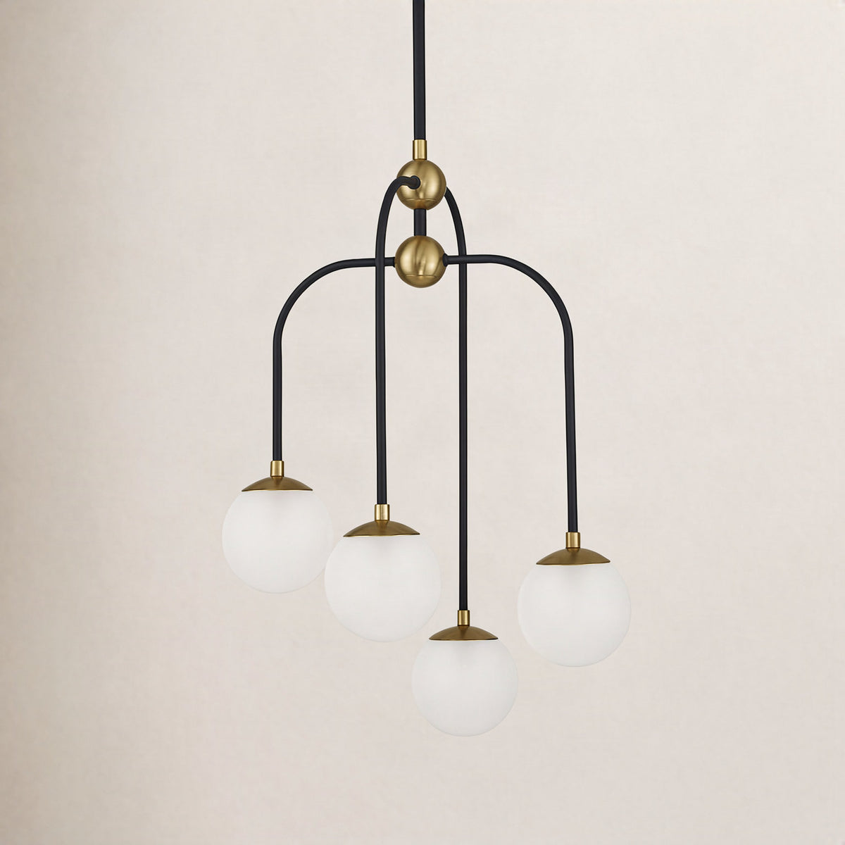 Chandelier, 4-Light Frosted Glass Orbs in Matte Black with Brass Accents