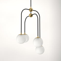 Chandelier, 4-Light Frosted Glass Orbs in Matte Black with Brass Accents