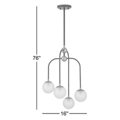 Chandelier, 4-Light Frosted Glass Orbs in Matte Black with Brass Accents