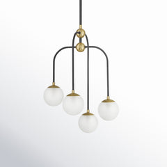 Chandelier, 4-Light Frosted Glass Orbs in Matte Black with Brass Accents