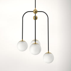 Chandelier, 4-Light Frosted Glass Orbs in Matte Black with Brass Accents