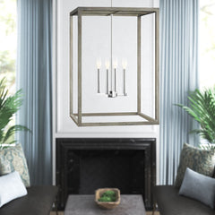 Chandelier, 4-Light Metal Lantern in Brushed Nickel