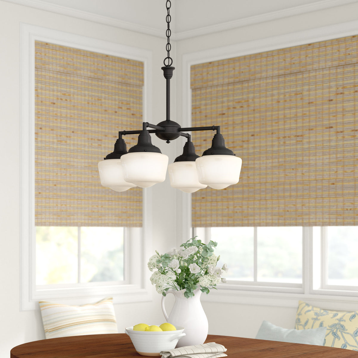 Chandelier, 4-Light Metal with White Glass Shades in Oil Rubbed Bronze