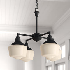 Chandelier, 4-Light Metal with White Glass Shades in Oil Rubbed Bronze