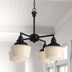 Chandelier, 4-Light Metal with White Glass Shades in Oil Rubbed Bronze