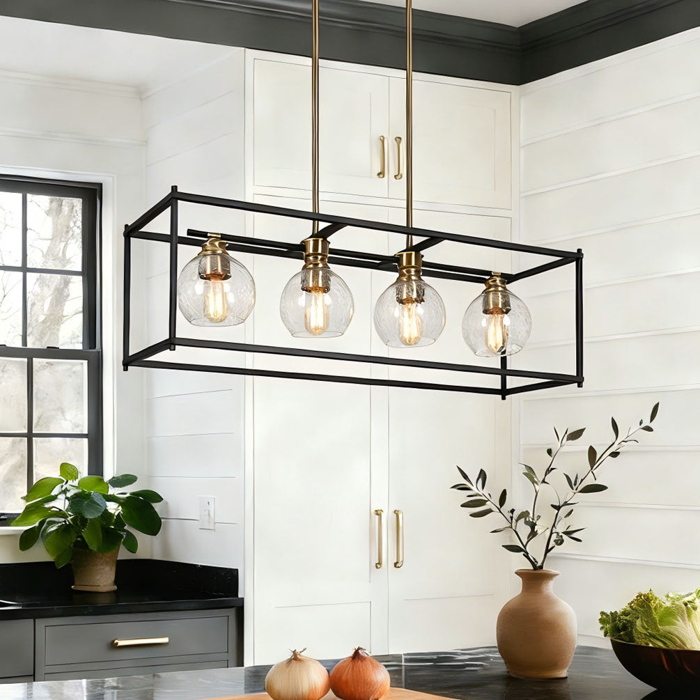 Chandelier, 4-Light, Seeded Glass Shades in Matte Black with Brass