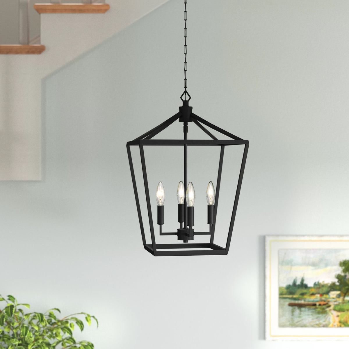 Chandelier, 4-Light Steel Lantern in Matte Black