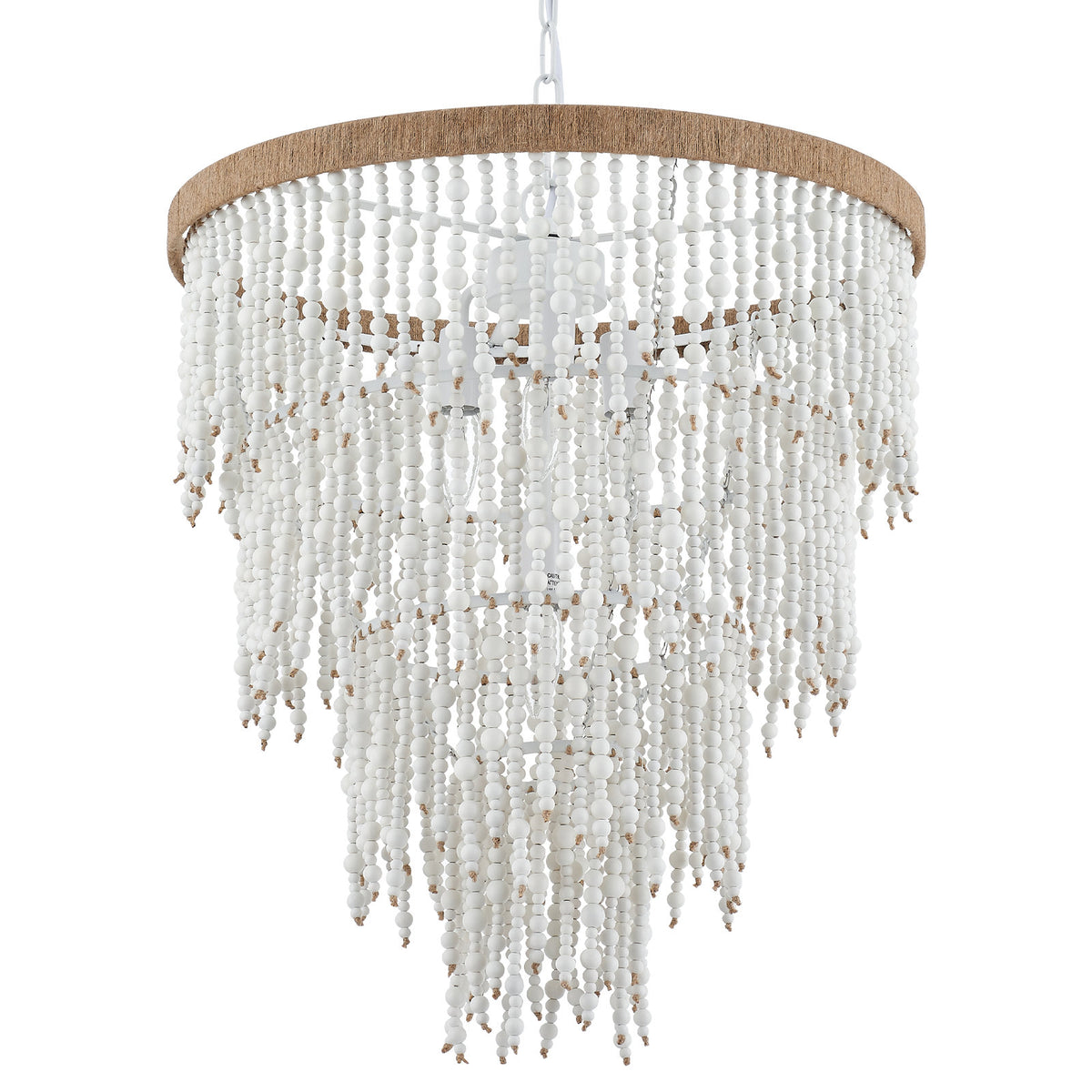 Chandelier, 4-Light, White Wood Beads with Hemp Rope Accents