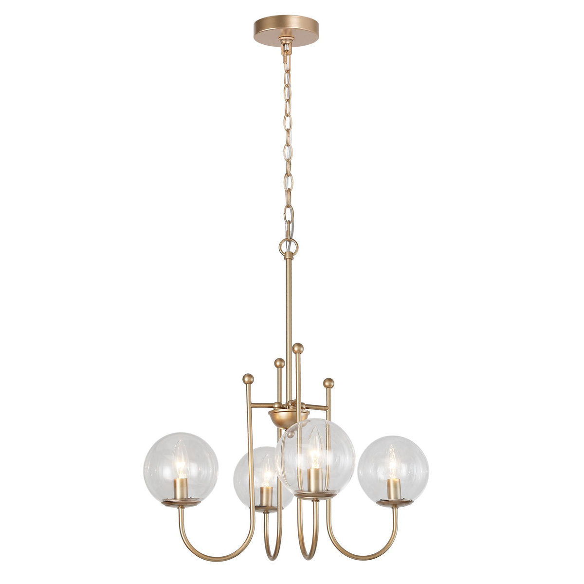 Chandelier, 4 Lights, Gold Metal with Clear Glass Globe Shades