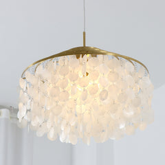 Chandelier, 4 Tiers, 6 Lights, White Capiz Shell with Gold Metal Frame