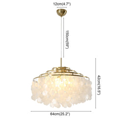 Chandelier, 4 Tiers, 6 Lights, White Capiz Shell with Gold Metal Frame