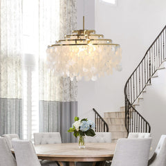 Chandelier, 4 Tiers, 6 Lights, White Capiz Shell with Gold Metal Frame