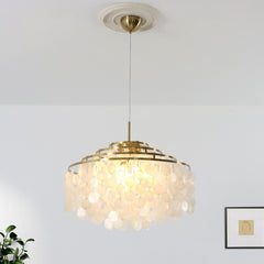 Chandelier, 4 Tiers, 6 Lights, White Capiz Shell with Gold Metal Frame
