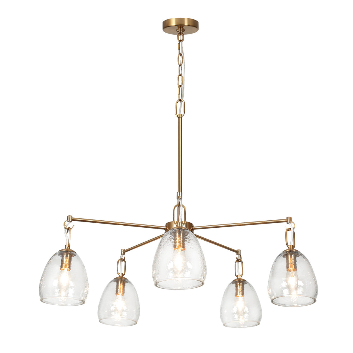 Chandelier, 5-Light, Brass Metal Frame with Clear Hammered Glass Shades