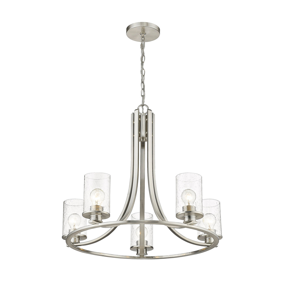 Chandelier, 5-Light, Brushed Nickel Metal with Clear Glass Shade