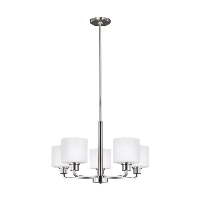Chandelier, 5-Light, Brushed Nickel Metal with White Glass Shades