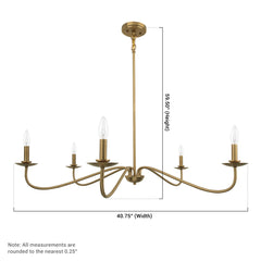 Chandelier, 5-Light Candle Style, Gold Metal with Adjustable Rods