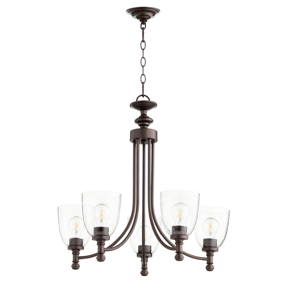 Chandelier, 5-Light, Clear Seeded Glass Shade in Oiled Bronze Metal