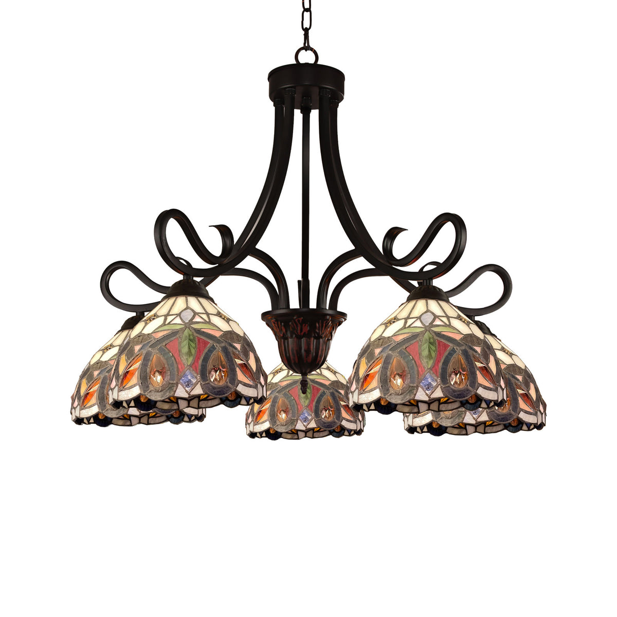 Chandelier, 5-Light, Dark Brown Metal with Glass Shades