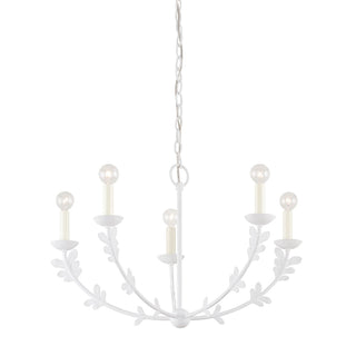 Chandelier, 5-Light, Gesso White Metal with Botanical Leaf Accents