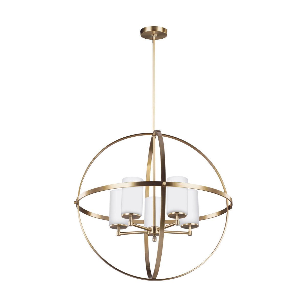 Chandelier, 5-Light Globe Frame in Satin Bronze with Frosted Glass Shades