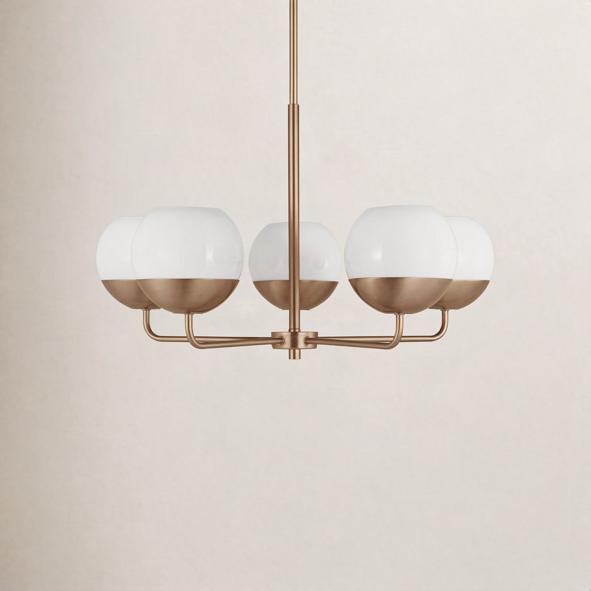 Chandelier, 5-Light Linear in Satin Brass with Frosted Glass Shades
