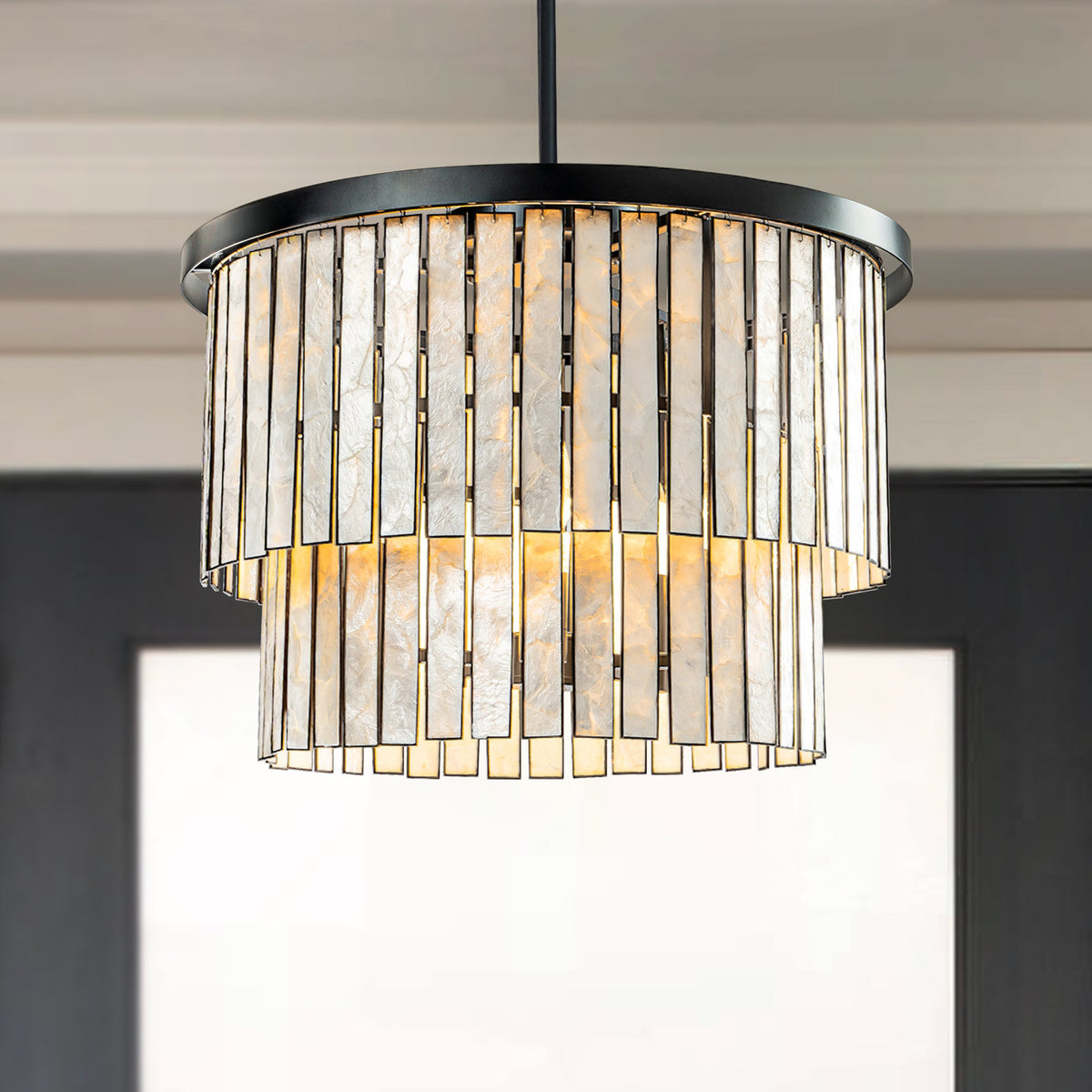 Chandelier, 5-Light, Matte Black with White Capiz Shells