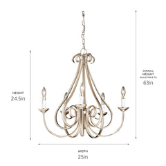 Chandelier, 5-Light Metal Frame in Brushed Nickel Finish