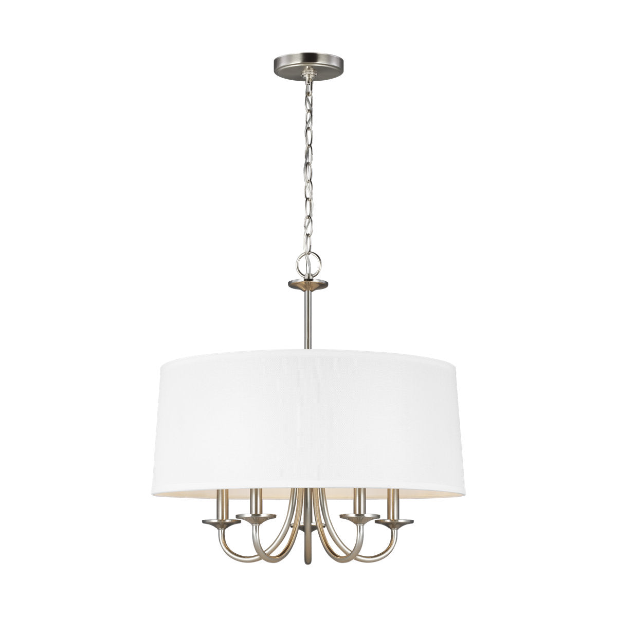 Chandelier, 5-Light Metal in Brushed Nickel with White Linen Shade