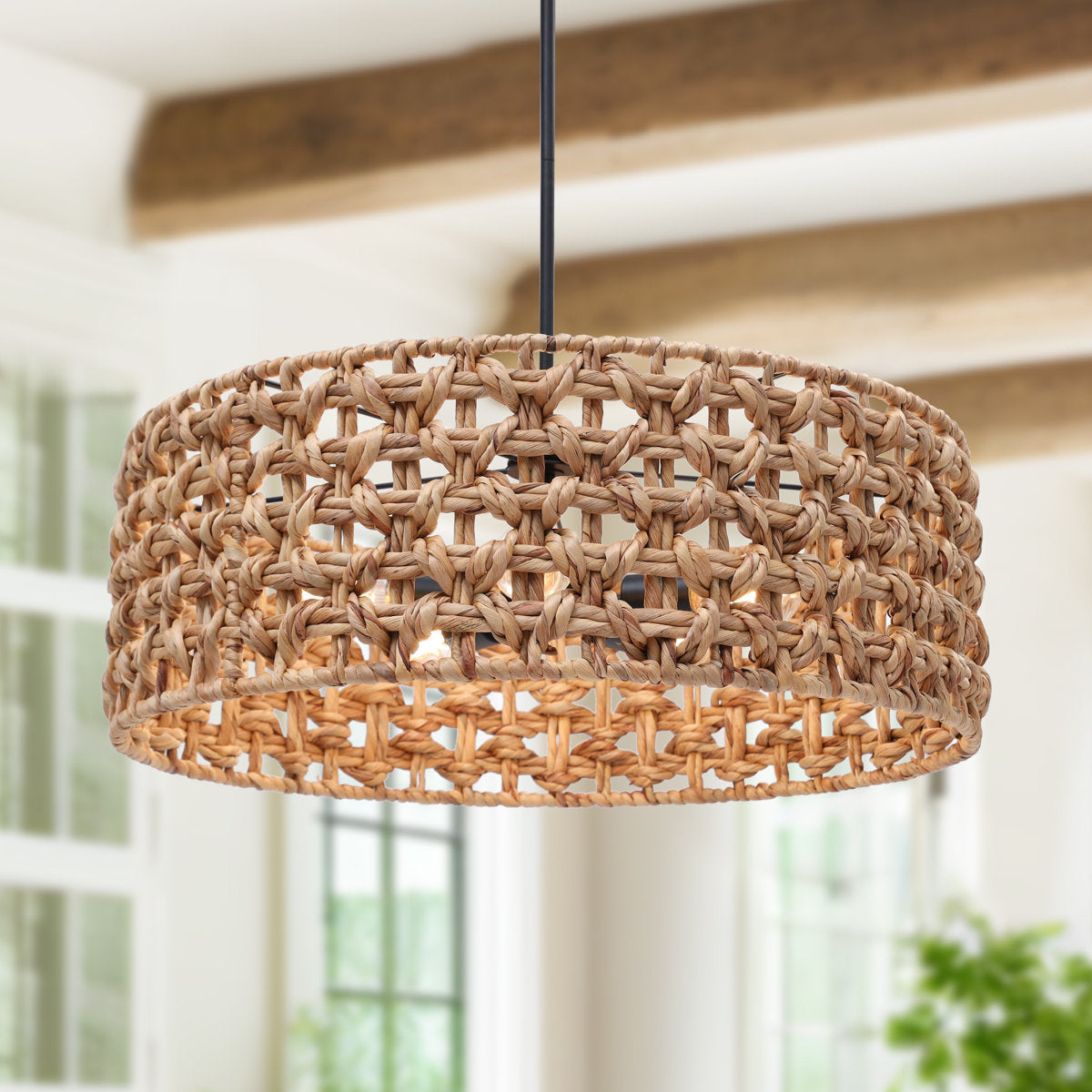 Chandelier, 5-Light Rattan Drum Shade with Matte Black Canopy