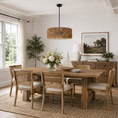 Chandelier, 5-Light Rattan Drum Shade with Matte Black Canopy