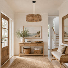Chandelier, 5-Light Rattan Drum Shade with Matte Black Canopy