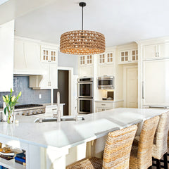 Chandelier, 5-Light Rattan Drum Shade with Matte Black Canopy