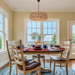 Chandelier, 5-Light Rattan Drum Shade with Matte Black Canopy