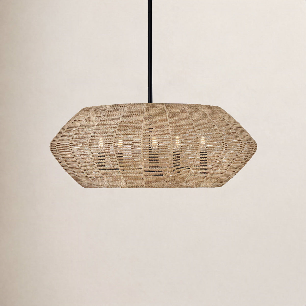Chandelier, 5-Light, Rattan Drum Shade with Rope-Wrapped Metal Frame