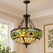Chandelier, 5-Light, Stained Glass Shade in Matte Black