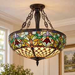 Chandelier, 5-Light, Stained Glass Shade in Matte Black