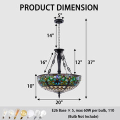 Chandelier, 5-Light, Stained Glass Shade in Matte Black